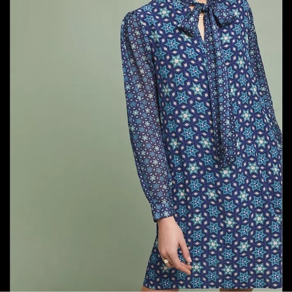 ANTHROPOLOGIE BLANK LONDON Marion Geometric Blue Tie Neck Tunic Dress Size XL - Picture 3 of 16